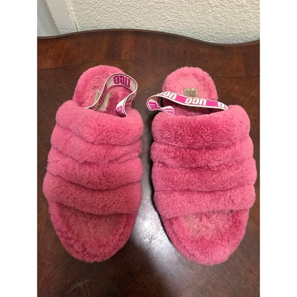 UGG Women's Pink Fluffy Shearling Slide Slippers With Elastic Strap Size 6 - Picture 2 of 10